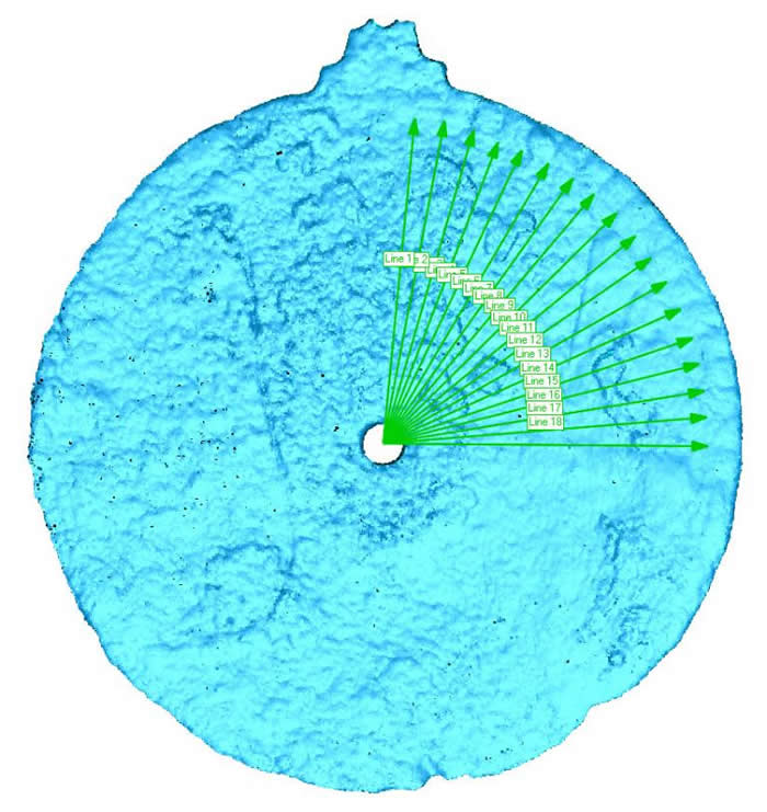 3D扫描显示圆盘上有18条以五度间隔排列的隐藏线条。水手可以借着纪录太阳的高度，判断出自己船只的纬度。 PHOTOGRAPH BY WMG, UNIVERSIT