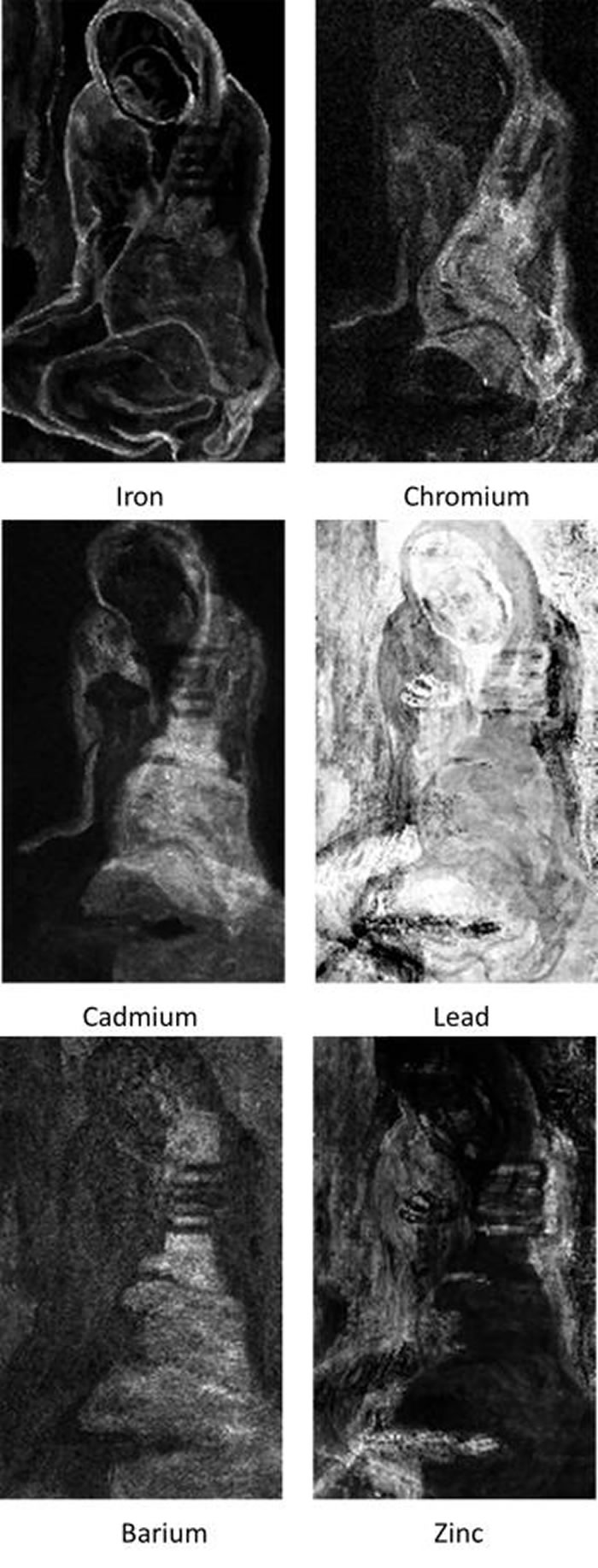 〈蹲坐的行乞者〉各颜料层的化学影像显示出妇人手部姿势涂改了许多次。 PHOTOGRAPH COURTESY NORTHWESTERN UNIVERSITY, A