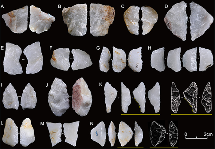 许昌人遗址出土石器：a，b刮削器；c，d锯齿刃器；e，f凹缺器；g，h石钻；i，j，k尖状器；l，m卵石毛坯的工具；n修背工具。k中黄色虚线指示尖状器底部的修理