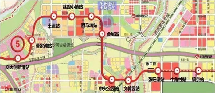 正在兴建中的西安地铁5号线二期原定线路。