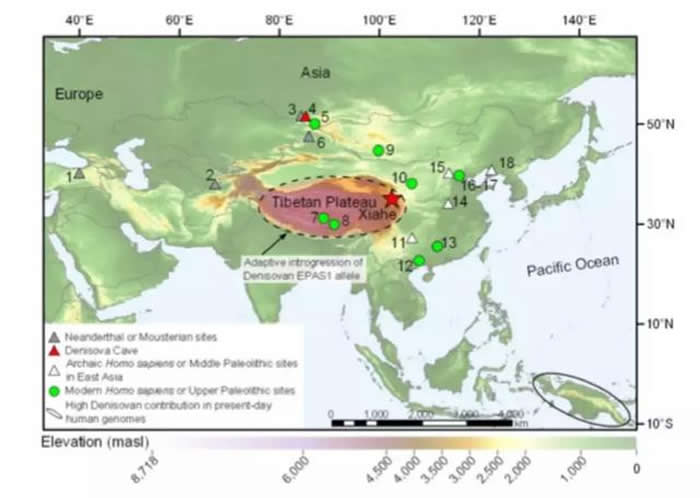 夏河下颌骨发现地。其他标记地点为相关重要旧石器考古遗址