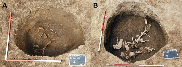 发掘初期的Hermanov vinograd遗址墓葬坑（右侧），这个阶段出土了动物骨头，而发掘后期（左侧）则发现人类遗骸。 PHOTOGRAPH BY M. C