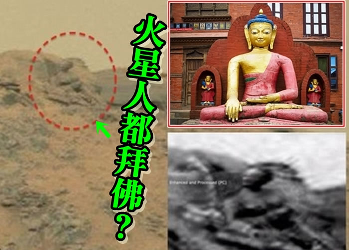 UFO迷称在火星发现“佛像”（红圈及右下图）。右上图为真实的佛像。