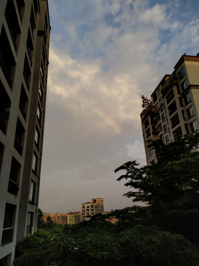 几乎在同一时间，广州附近市县也在暴雨后出现难得一见的彩虹。（照片由网友“羊”提供）