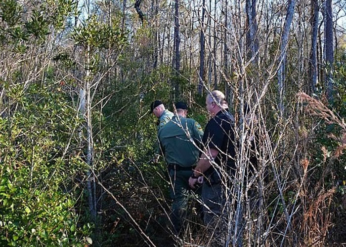 警方在案发森林内调查。