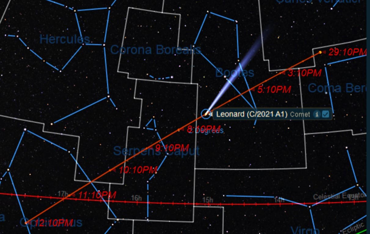 今年第一颗长周期彗星C/2021 A1 Leonard将于本月12日通过地球 黎明时分位于天蝎座